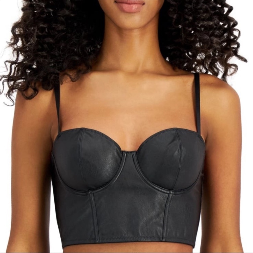 INC International Concepts Faux Leather Crop Corset Bustier Size M Black NWT